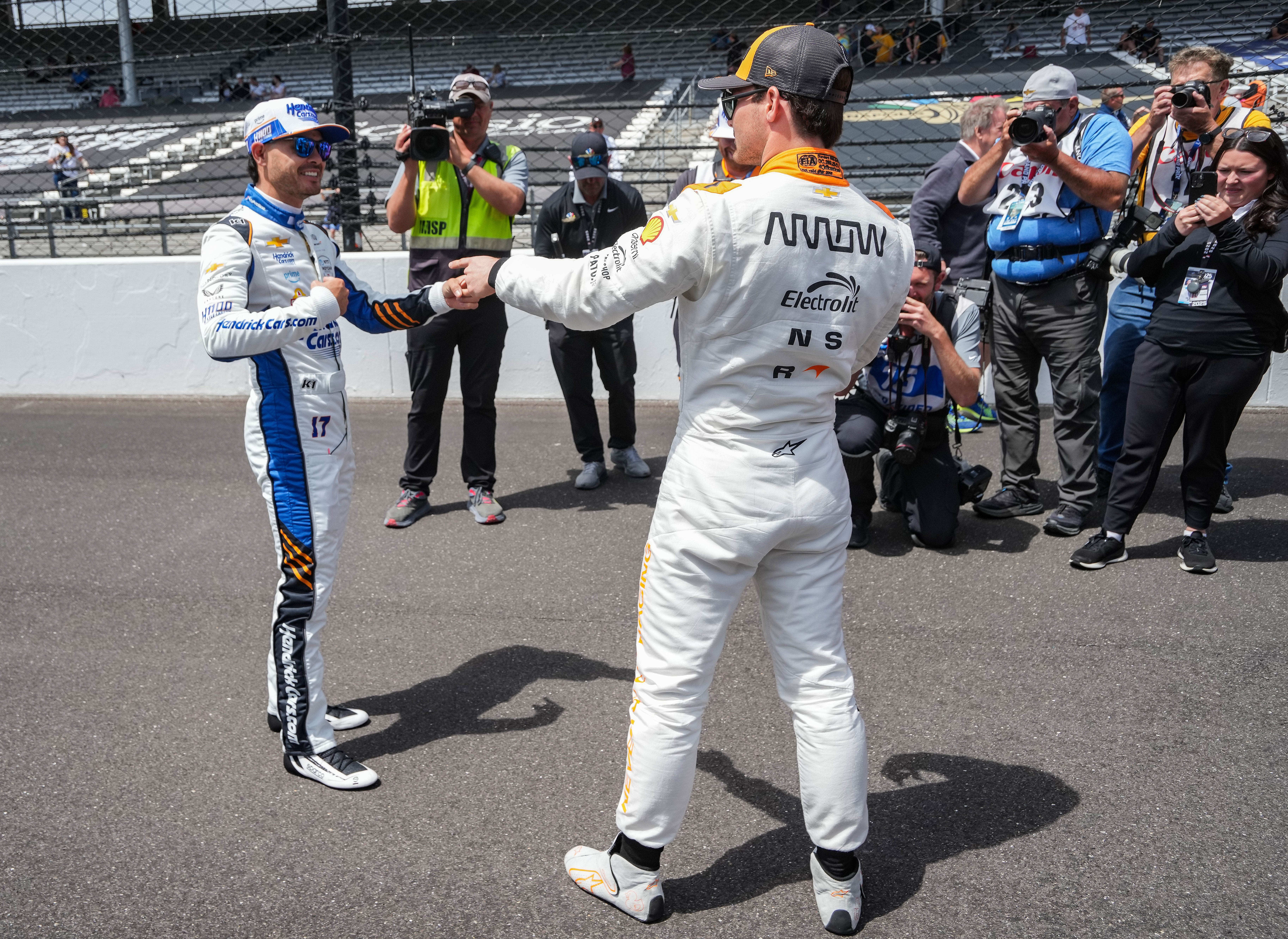 Arrow McLaren drivers Kyle Larson and Pato O'Ward during the Indianapolis 500 practice. Source: Imagn
